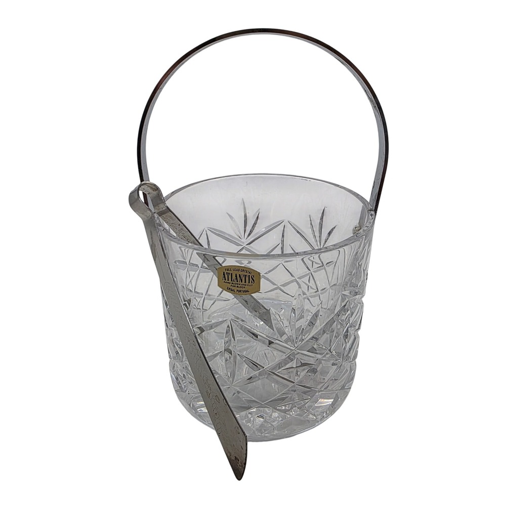 Atlantis Crystal Ice Bucket with Tongs Block Crisal Portugal Lead Cut Glass